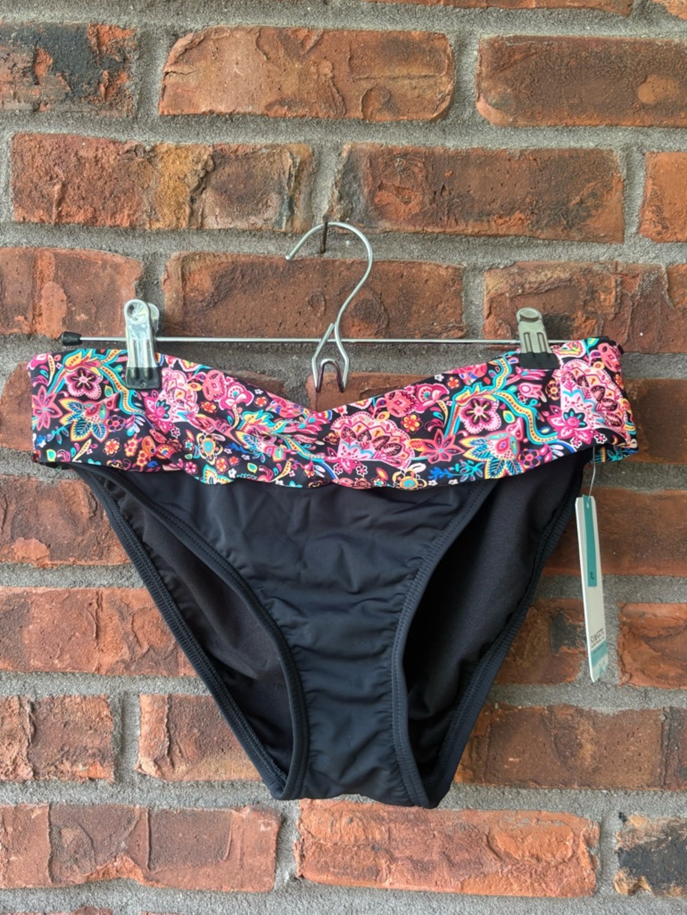 Black Bikini Bottom with Pink Floral Fold-Over Waistband